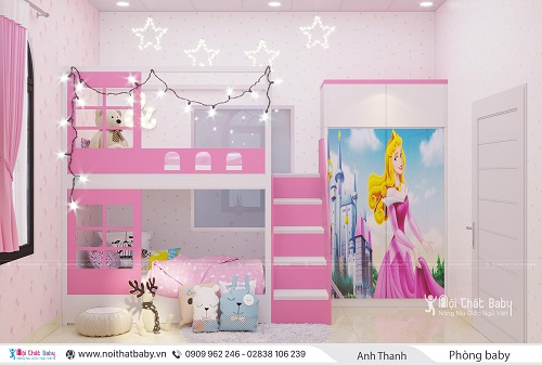 Thiết kế giường tầng cho bé gái màu hồng dễ thương - BBP47